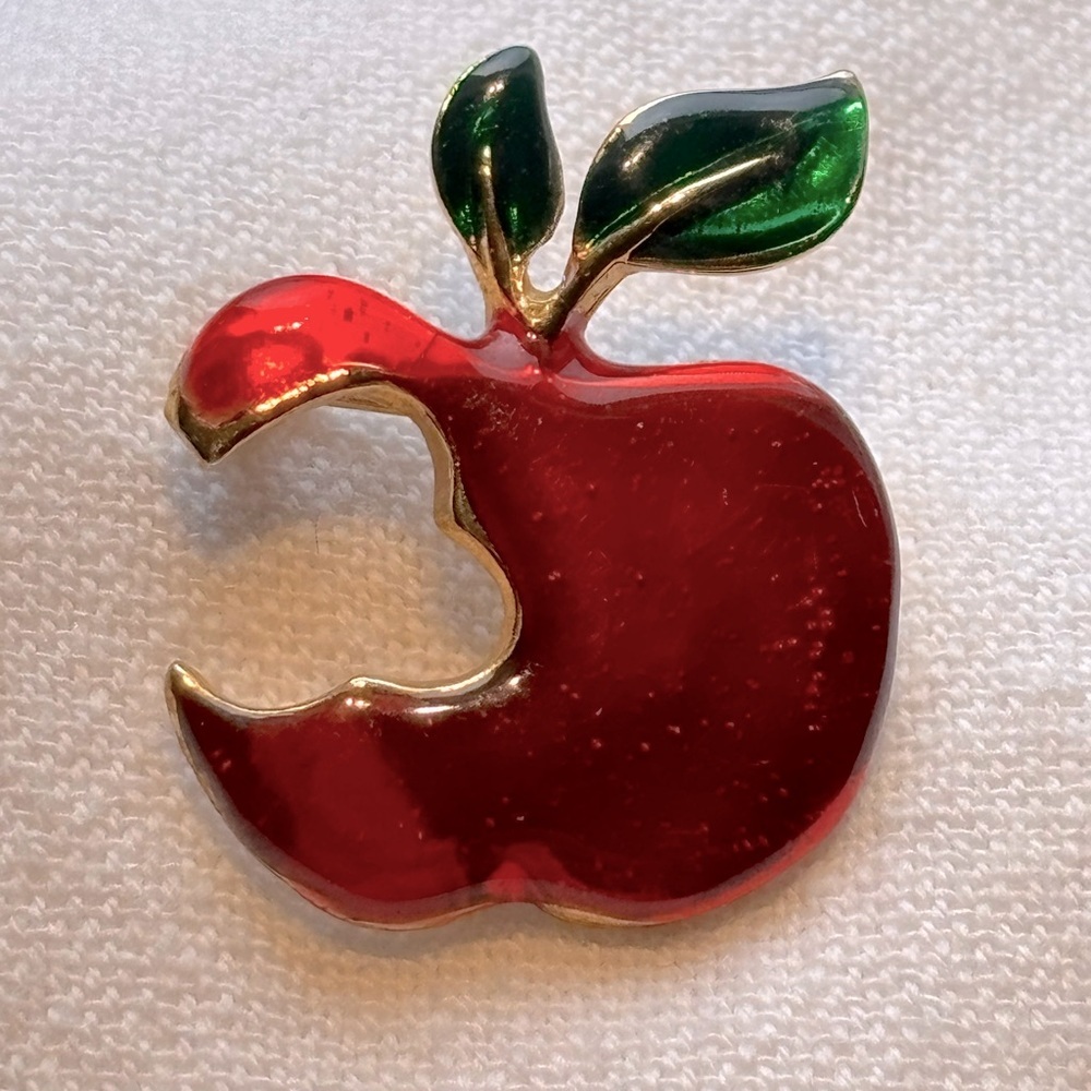 Red Apple Brooch with Green Leaves